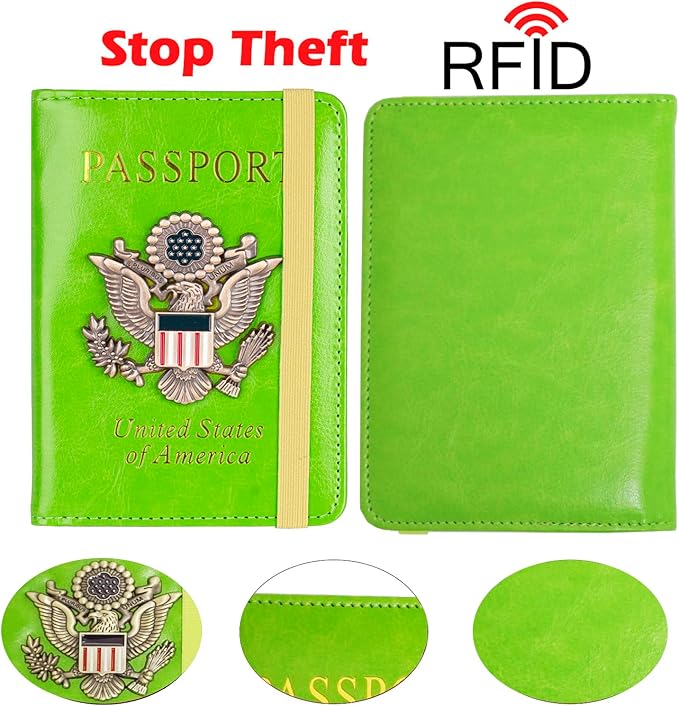 Passport Holder for Travel Passport Cover for Men Passport Wallet Case with Metal 3D Metal Badge Protector Leather Card Case RFID Blocking Women Travel Accessories Document Organizer (Green)