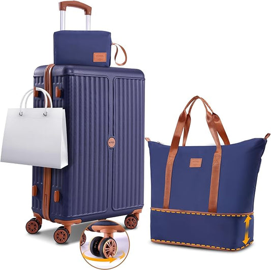 Hoteel 3 Piece Luggage Set with Spinner Wheels (4-YEAR WARRANTY), Carry on Luggage for Travel with TSA Lock, Hardshell ABS+PC Suitcase Set, 20" Suitcase + Expandable Duffel Bag+Cosmetic Bag(Dark Blue)