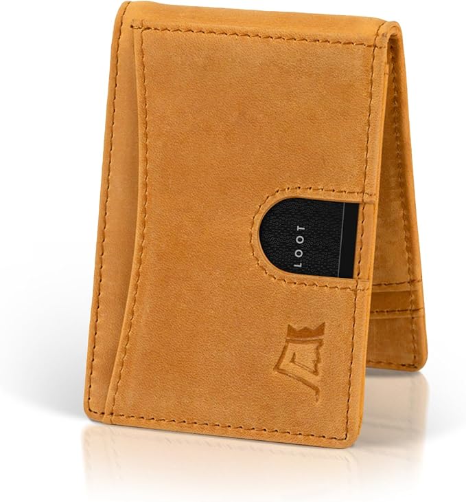 Kings Loot Money Clip Slim Minimalist Wallet for Men | RFID Blocking Leather Design with Money Clip | Front Pocket Bifold Holds 12 Cards | Stylish & Compact Wallets (Buckskin)