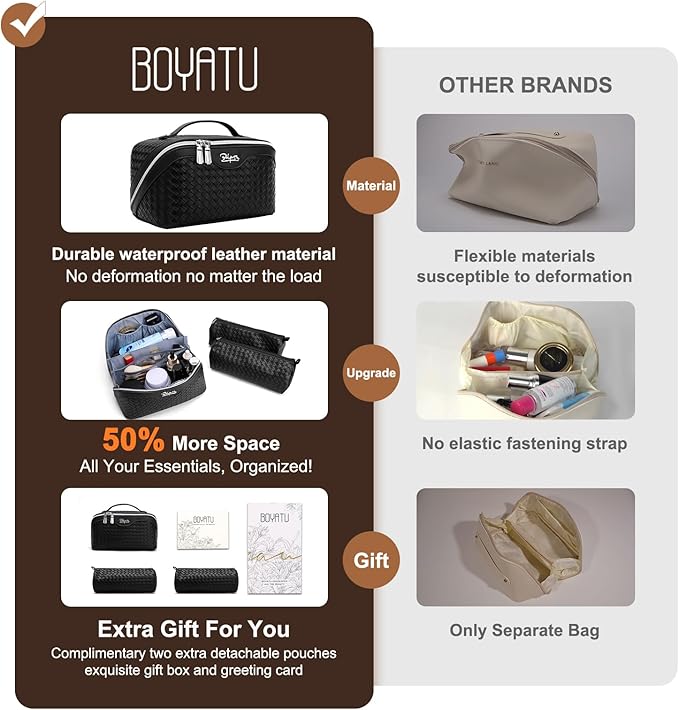 BOYATU Travel Makeup Bags for Women: 3 Pcs Large Make up Bags Set - Vegan Leather Cosmetic Bag for Traveling - Waterproof Toiletry Organizer (L03 Black)