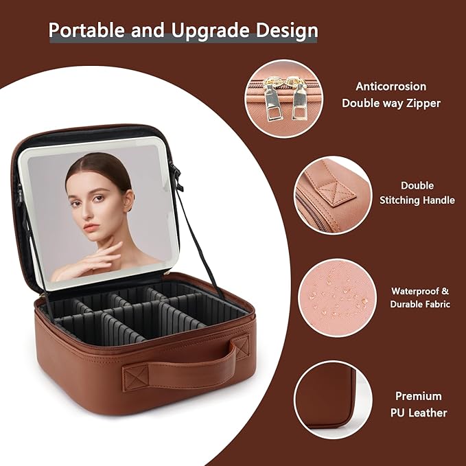 Makeup Bag with Led Mirror,Travel Makeup Organizer with 3 Color Setting, Portable Storage and Adjustable Dividers Travel Makeup Bag(Dark brown)