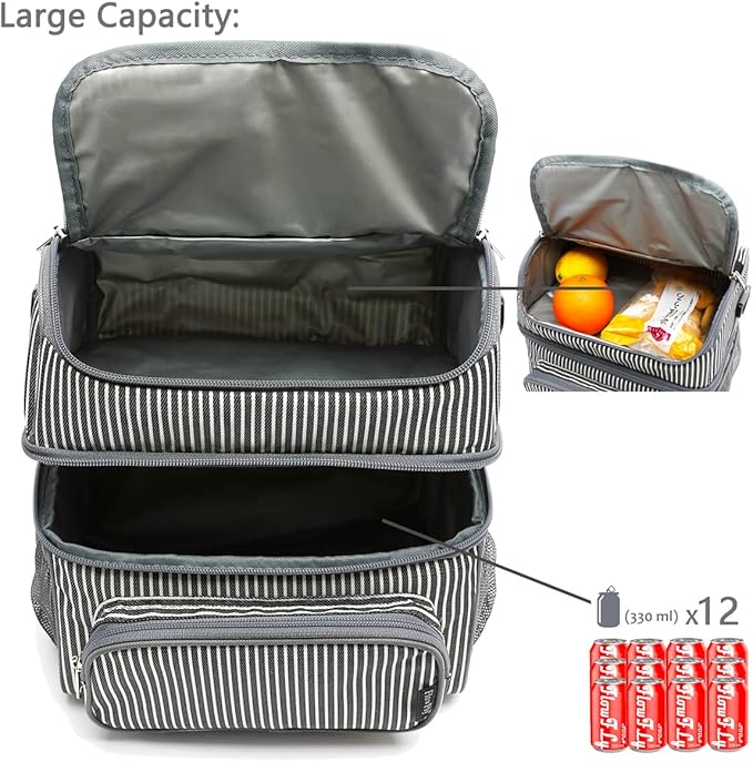 FlowFly Double Layer Cooler Insulated Lunch Bag Adult Lunch Box Large Tote Bag for Men, Women, With Adjustable Strap,Front Pocket and Dual Large Mesh Side Pockets