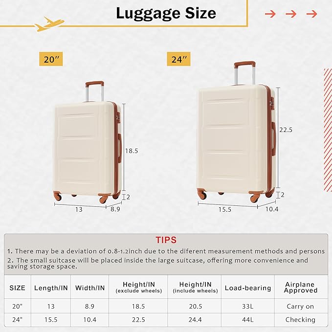 Merax Luggage Set 2 Piece Suitcase Sets with Spinner Wheel,Lightweight Hardside Expandable Travel Laggage with TSA Lock,Suitcase with Travel Bag(20"/24",Khaki & Brown)