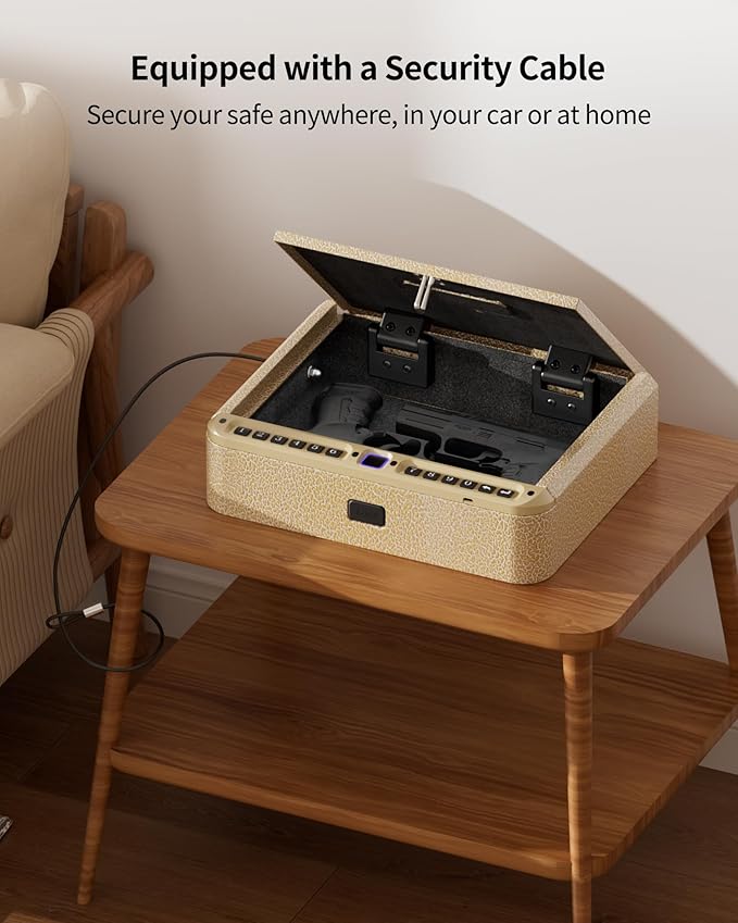 BILLCONCH Gun Safe for Handgun - Biometric Pistol Safe 4 Ways Quick Access with Fingerprint/Full-digital Keypad/Key/APP Lock and Security Cable for Nightstand Bedside Home - Limited Gold