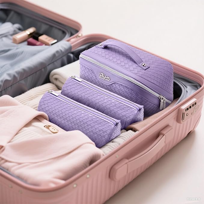 BOYATU Travel Makeup Bag Cosmetic Bags for Women: Large Capacity 3 Pcs Set Make up Bag with Compartments - Waterproof Vegan Leather Toiletry Organizer Bags with Handle - Travel Essentials(L01 Purple)