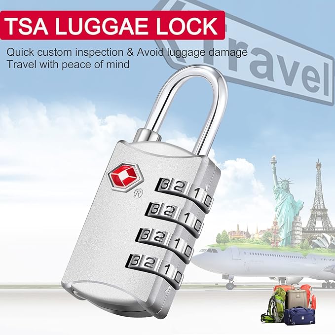 ZHEGE TSA Lock, Train Luggage Lock, 4 Digit Combination Lock for Suitcase, Backpack and Handbag Zipper, Small Padlock for School Gym Locker, Cabinet, Drawer (1 Pack, Sliver)