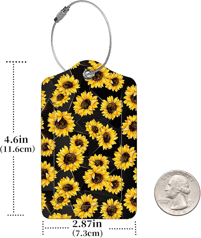 2 Pcs Luggage Tags for Suitcase, Cute Unique PU Leather Travel Bag Tag with Privacy Cover ID Label Address Card and Durable Metal Ring Suitable for Men Women Children Backpack,Sunflower