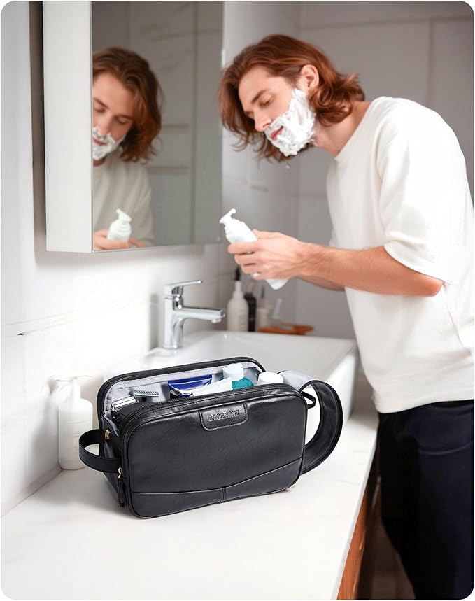 BAGSMART Toiletry Bag for Men, PU Leather Travel Bag for Toiletries, Dopp Kit Water Resistant Shaving Bag for Bathroom Shower-Black