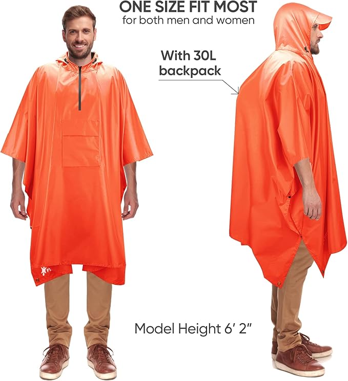 PTEROMY Hooded Rain Poncho for Adult with Pocket, Waterproof Lightweight Unisex Raincoat for Hiking Camping Emergency