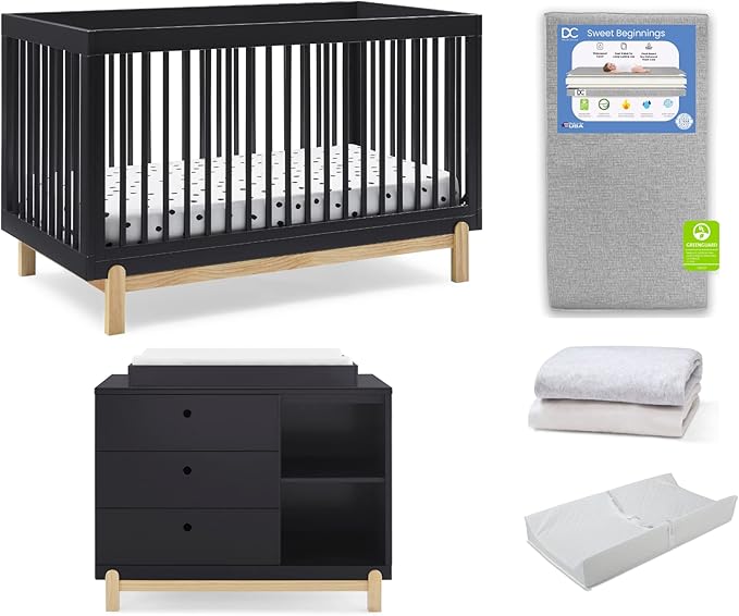Delta Children Poppy 6-Piece Baby Nursery Furniture SetIncludes: Convertible Crib, Dresser, Changing Top, Mattress, Sheets, & Changing Pad, Midnight Grey w/Natural
