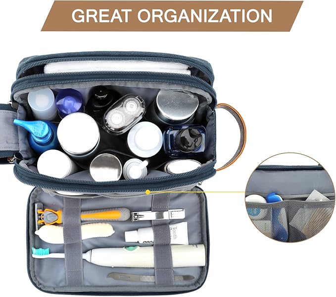 BAGSMART Toiletry Bag for Men, Canvas Travel Toiletry Organizer Dopp Kit Water-resistant Shaving Bag for Toiletries Accessories,Navy Blue-Medium