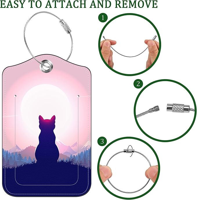 2 Pack Luggage Tag for Suitcase Black Cat The Night Sky Leather Suitcase Tags with Privacy Name ID Label and Stainless Steel Loop for Travel Bag