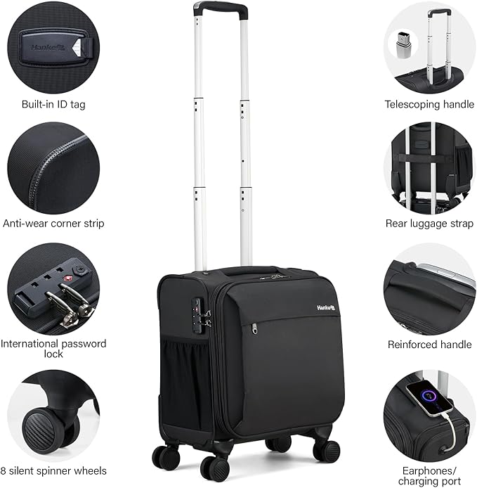 Hanke 16 Inch Underseat Carry On Luggage with Wheels Small Suitcase Softside Luggage Bags for Travel Lightweight Suitcases with Wheels Travel Luggage Personal Item for Men and Women(Dark Gray)