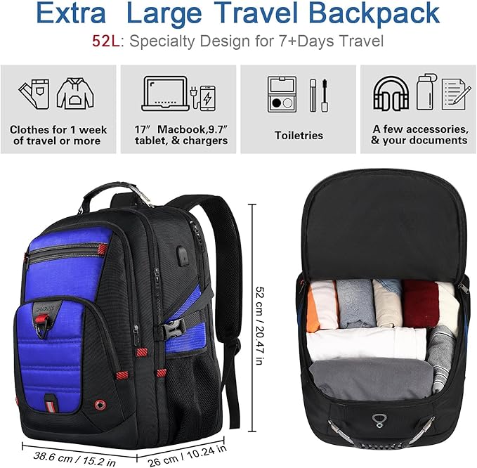 Z-MGKISS Extra Large Backpack, Travel Laptop Bag for Men, Anti-Theft College Backpack with USB Port, TSA-Approved 17.3 Inch, Heavy Duty Business Weekender Bag, Blue