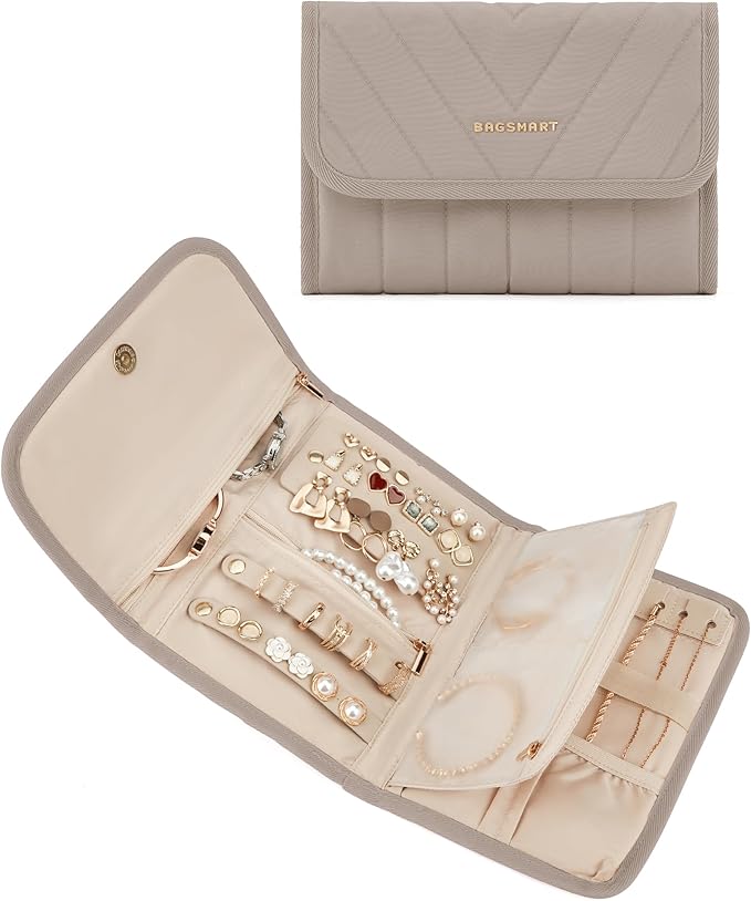 BAGSMART Travel Jewelry Organizer Case, Foldable Jewelry Roll for Necklaces, Earrings, Journey-Rings, Bracelets, Brooches, Portable, Khaki