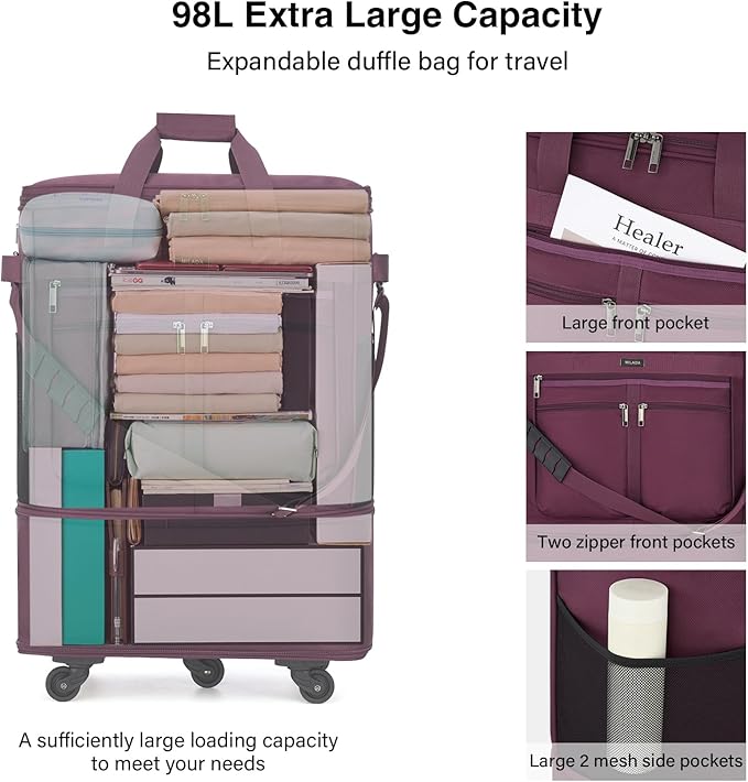 MILADA Expandable Luggage Bags for Travel Foldable Suitcase with Wheels Collapsible Rolling Travel Duffle Bag Lightweight Large Suitcases without Telescoping Handle, Purple