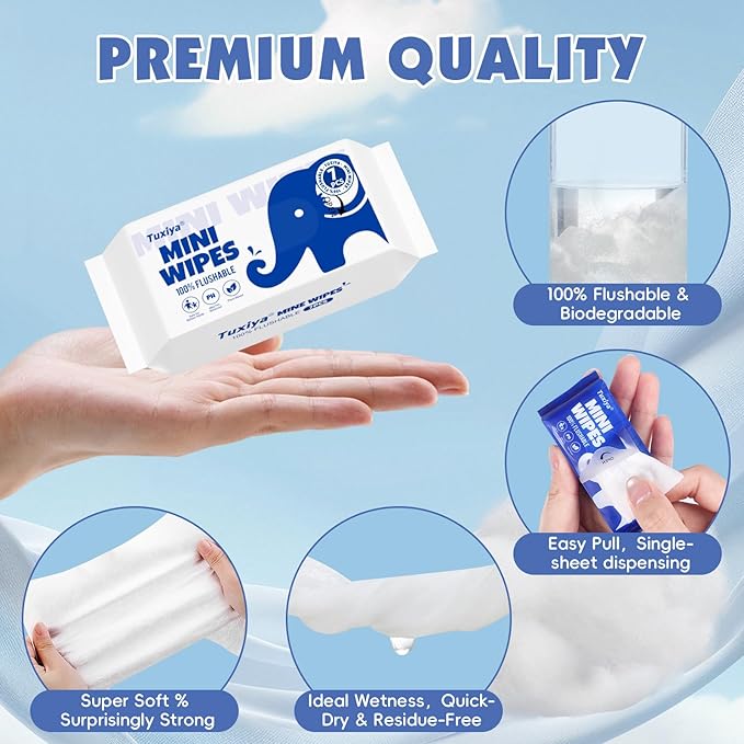 12 PackTravel Flushable Wipes with Aloe & Vitamin E,Impossibly Compact 7 Wipe Per Pack Mini Travel Adult Wet Wipe,Hypoallergenic & Fragrance-Free Skin-Friendly Flushable Wet Wipe(84 Total Wipes)