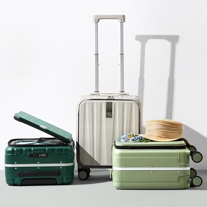 Hanke 16 Inch Underseat Carry On Luggage with Wheels,Small Hard Shell Suitcases for Weekender,Top Opening Lightweight Travel Luggage Suitcase for Womem Men,Bamboo Green.