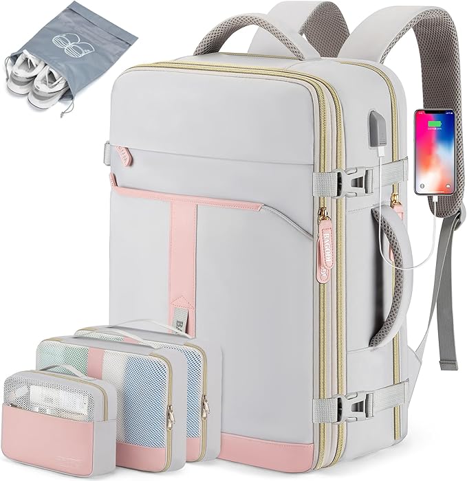 42L Travel Laptop Backpack, Expandable Carry-on Luggage, Anti-Theft Business Weekender Bag with USB Port, 3 Packing Cubes & Shoe Bag (Grey)