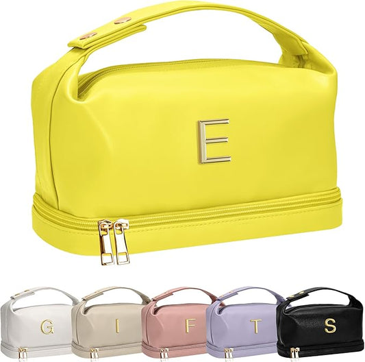 Makeup Bag For Teens 16-18, Personalized Makeup Bag with Handle, Initial Double Layer Cosmetic Bag with Makeup Brush Organizer, Cute Cosmetic Pouch for Women, Gifts for Friends Female Mom