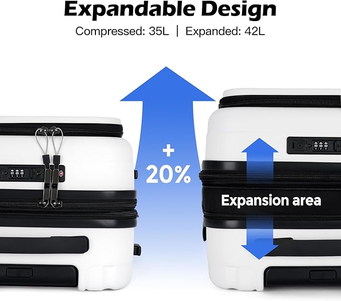 BISON DENIM 20 Inch Carry On Luggage, PC Lightweight Hardside Expandable Carry-On Luggage Airline Approved With Spinner Wheels, Front Compartment, Cup Holde, TSA-approved Lock, USB Port, Black