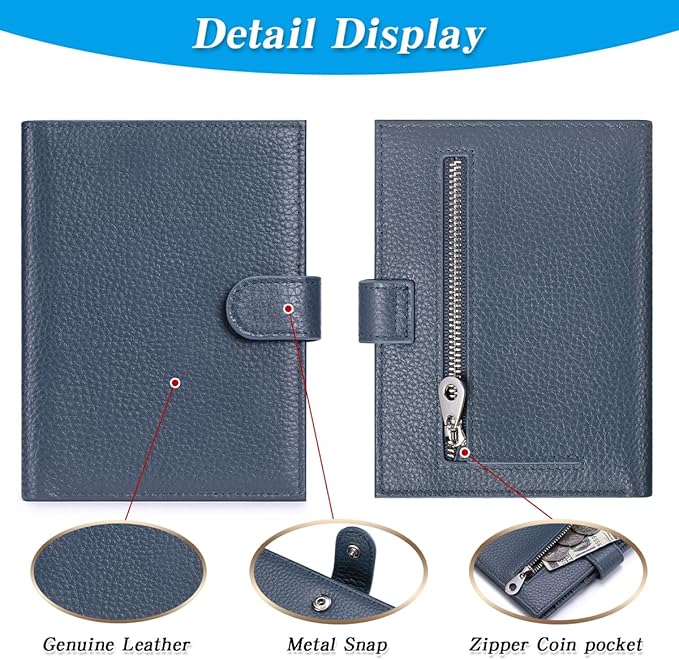 Passport Holder for Travel Women RFID Blocking Genuine Leather Passport Wallet with Card Slots, Zipper Coins Pocket, Cash Holder, Navy Blue