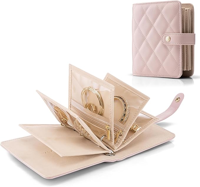 Vlando Travel Jewelry Organizer Case,Travel Gifts for Women,Portable Jewelry Storage Book Ring Binder with Clear Zipper Velvet Jewelry Pouch Bag-Pink