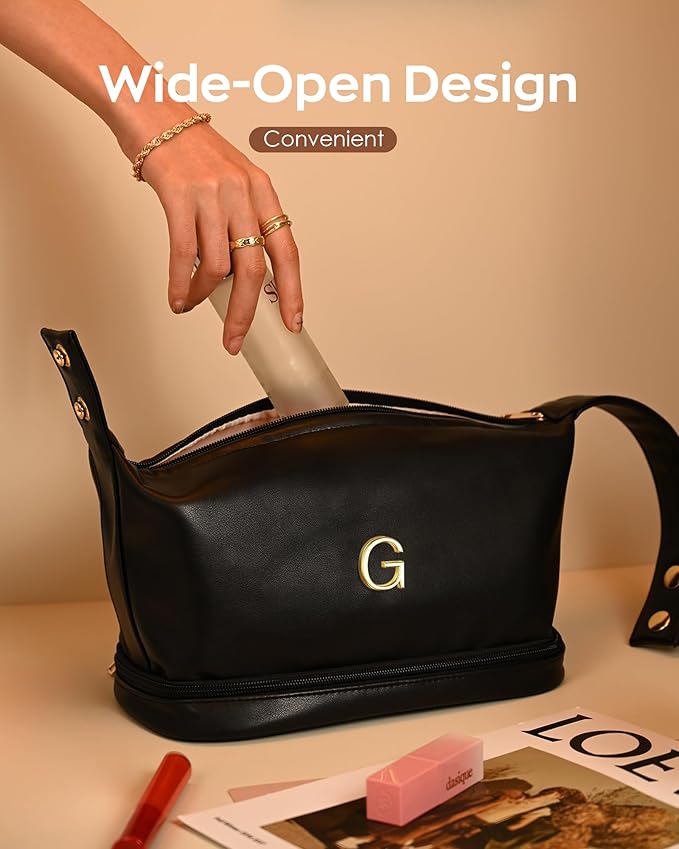 Gift Ideas, for Women 20S-Personalized Makeup Bags, Initial Bags with Handle, Double Layer Cosmetic Bag, Large Capacity Makeup Bags Letter Travel Toiletry Bag with Makeup Brush Organizer