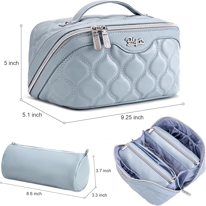 Travel Makeup Bags for Women Cosmetic Bag: Puffy Make up Bags Set of 3 - Vegan Leather Makeup Organizer - Waterproof Large Toiletry Bag with Compartments - Travel Essentials (Blue)