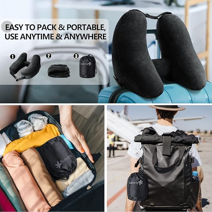 Neck Pillow for Travel Inflatable Airplane Pillow Comfortably Supports Head,Neck and Chin,Inflatable Travel Pillow with Soft Velour Cover,Hat,Portable Drawstring Bag (Black)