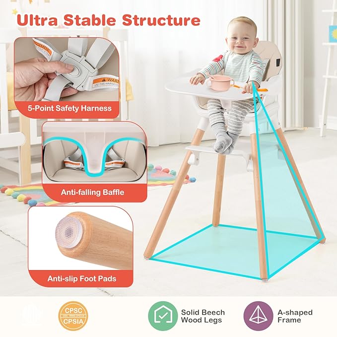 HONEY JOY Baby High Chair, 6 in 1 Convertible Wooden Highchair for Babies and Toddlers/Chair/Bar Stool, Removable Double Tray & Reversible Footrest, Safety Harness for Infant Boys Girls (Beige)