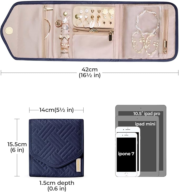 BAGSMART Travel Jewelry Organizer Case Foldable Jewelry Roll for Journey Rings, Necklaces, Earrings, Bracelets,Mini,Smokey Blue