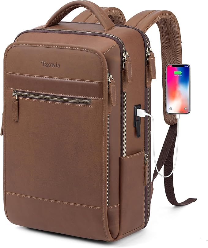 Tzowla Leather Laptop Backpack, Bag for Men and Women,Business Travel Work Rucksack Fits 15.6 Inch Laptop,Bookbag with USB and Type-C Charging Port-Black