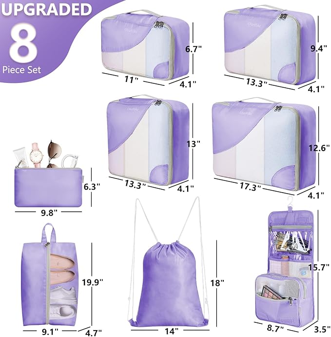 8 Set Packing Cubes for Travel, Gifts for Women Mom,Anti-Tearing Suitcase Organizer for Luggage with Shoe & Hanging Toiletry Bag,OlarHike Vacation Essentials & Accessories for Cruise Ship,Purple