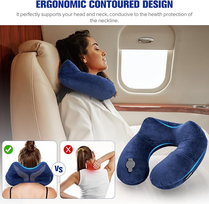 Rewondah Inflatable Travel Pillow for Sleeping Airplane - Inflatable Neck Pillow for Traveling on Plane with Washable Cover, Blow up Neck Travel Pillow for Airplanes, Cars - Portable and Comfortable