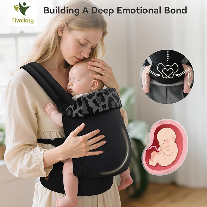 Reversible Baby Carrier – Black Solid & Leopard Print; Lightweight & Breathable Lyocell Fabric; Ergonomic Lumbar Support and Quick Hands-Free Wear for Newborn to Toddler (7–44 lbs)