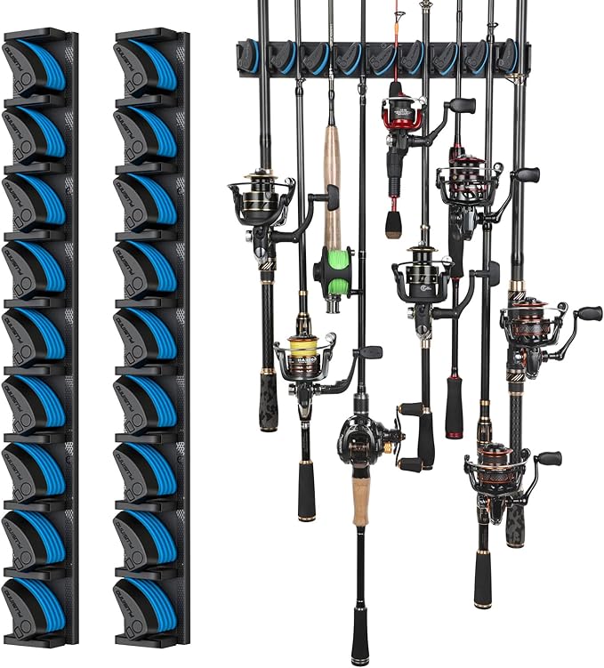 PLUSINNO 2 pack Vertical Fishing Rod rack, Wall Mounted Fishing Rod holder, 2 Packs Fishing Pole Holders Hold Up to 18 Rods or Combos, Fishing rod holders for garage, Fits Most Rods of Diameter 3-18mm