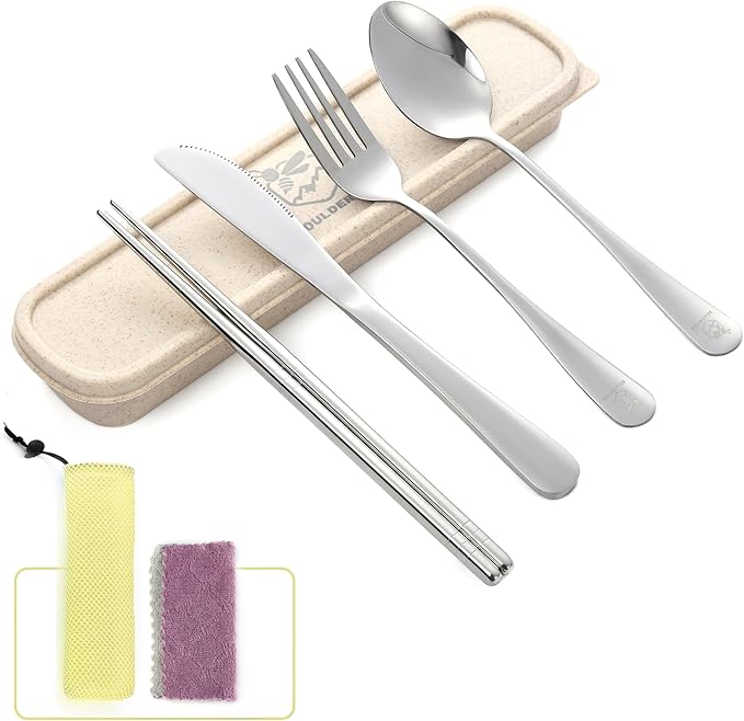 Boulder Bee Travel Utensils Set | Reusable Camping Cutlery Set | Stainless Steel Flatware Set | Portable Silverware Set with Case | Includes Knife/Fork/Spoon/Chopsticks/Cleaning Cloth/Case (Sliver)
