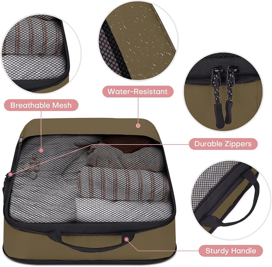 4 PCS Set Compression Packing Cubes for Travel, Lightweight Packaging Organizer Bags for Carry On Space Saving, Travel Essentials Cubes for Suitcase Backpack, Brown