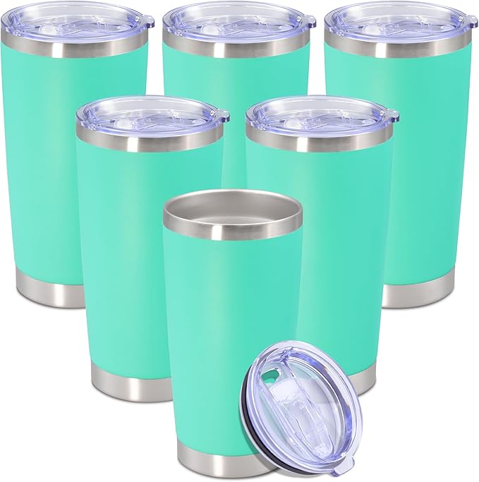 20 oz Tumbler with lid Double Wall Vacuum Insulated Tumblers Stainless Steel Coffee Mug Travel Coffee Tumbler Powder Coated Tumbler Cup Keep Hot&Cold - (Light Blue 6 Pack)