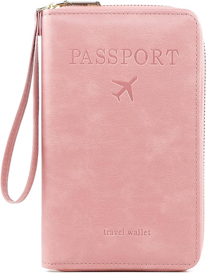 Rowgins Rfid Blocking Passport Holder Wallet, Rowgins Rfid Passport Holder with Zipper, PU Leather PassportHolder for Travel (PINK)