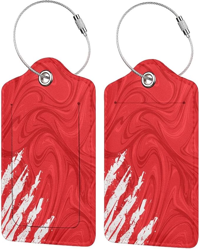 2-Pack Artistic Red Luggage Tags for Suitcases, Leather Art Abstract Style Baggage Tag with Loop, Cool White Scratches Bag Tags Private Name ID Labels for Women Girl Men Boys Travel Baggage Suitcase