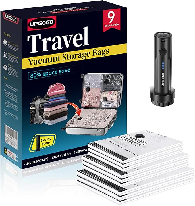 Travel Vacuum Bags for Luggage with Portable Electric Pump,Vacuum Seal Bags for Clothing,Packing Cubes Compression,Cruise Ship and Travel Essentials(Combo 9 Pack)