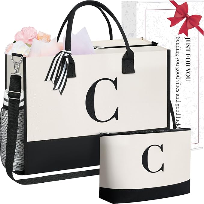 BAGAIL Initial Tote Bag, Personalized Birthday Gifts for Women, Teacher, Friends, Mom, Wedding, Monogrammed Beach Bag
