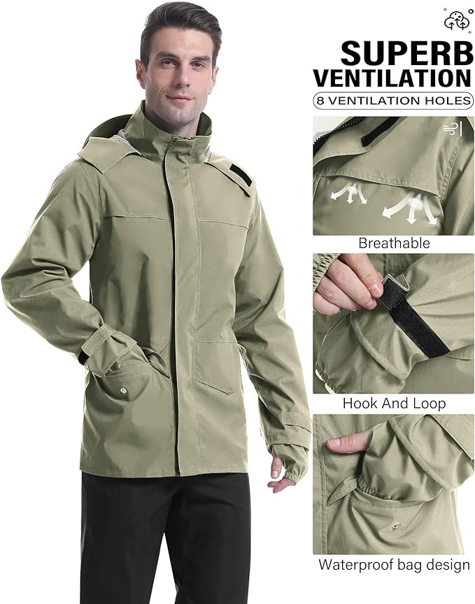 iCreek Rain Suit Waterproof Jacket with Pants 2 Pieces Breathable Lightweight Packable Raincoat with Hooded Rain Gear Unisex