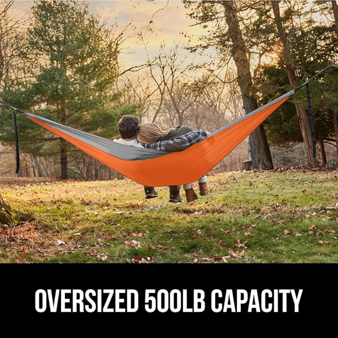 GORILLA GRIP Durable Portable Camping Hammock, Holds 500lbs with Heavy Duty Tree Straps, Comfortable Travel Swing, Camp Hammocks, Easy to Use and Install, Outdoor Essentials, Orange, 10x6.5 FT