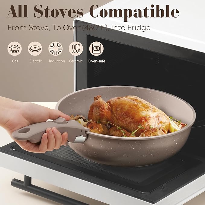15Pcs Pots and Pans Set Non Stick, Cookware Sets with Detachable Handle, Nonstick RV Kitchen Cooking Tools Removable Handles, Oven Safe, Induction Fast, Stackable Induction Cookware, Brown
