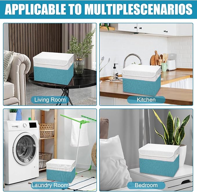 Large 22 Quart Linen Fabric Foldable Storage Bin Cube Organizer Basket with Flip-Top Lid & Handles, Clothes Blanket Box for Home, Office, Closet, Teal & White, 4 Pack 14.6 x 9.5 x 9.5