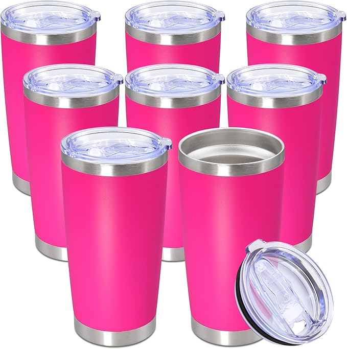 20oz Tumbler Bulk Stainless Steel Tumbler Cup with Lid Vacuum Insulated Double Wall Travel Mug, Durable Powder Coated Travel Coffee Tumbler Mug for Hot & Cold Drinks, Hot Pink,8 Pack