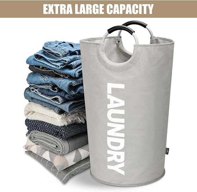DOKEHOM 90L Large Laundry Basket, Collapsible Laundry Bag, Freestanding Tall Clothes Hamper, Foldable Washing Bin (Grey)
